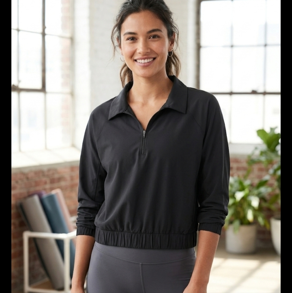 Athleta Seasoft Quarter Zip Pullover Black Cropped Top Size Large